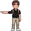 Pixel-art Cole mascot pointing left